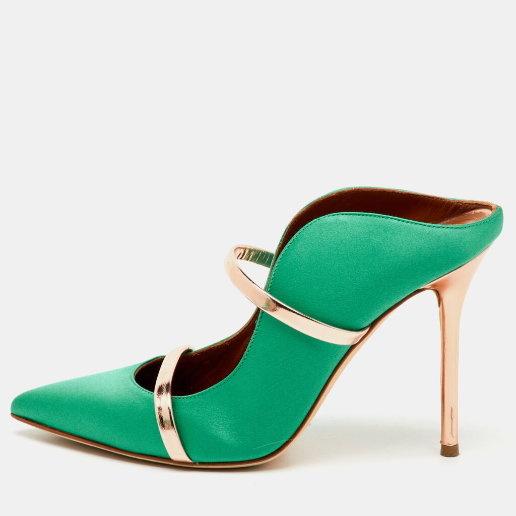 Malone Souliers Green/Rose Gold Satin and Leather Maureen Pointed Toe Mules Size 38.5 Malone Souliers Green/Rose Gold Satin and Leather Maureen Pointed Toe Mules Size 38.5