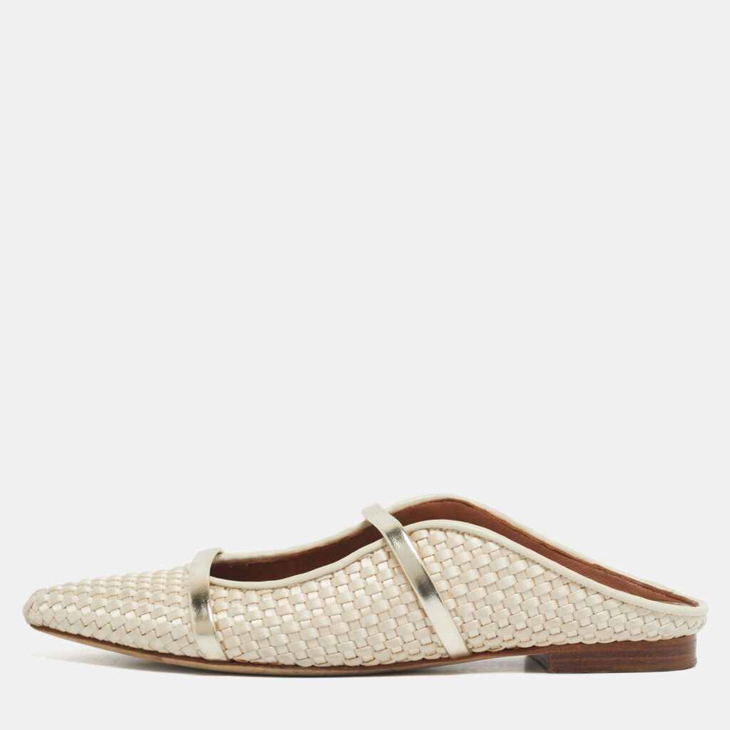 Malone Souliers Cream/Gold Woven Satin and Leather Maureen Flat Mules Size 37.5 Malone Souliers Cream/Gold Woven Satin and Leather Maureen Flat Mules Size 37.5