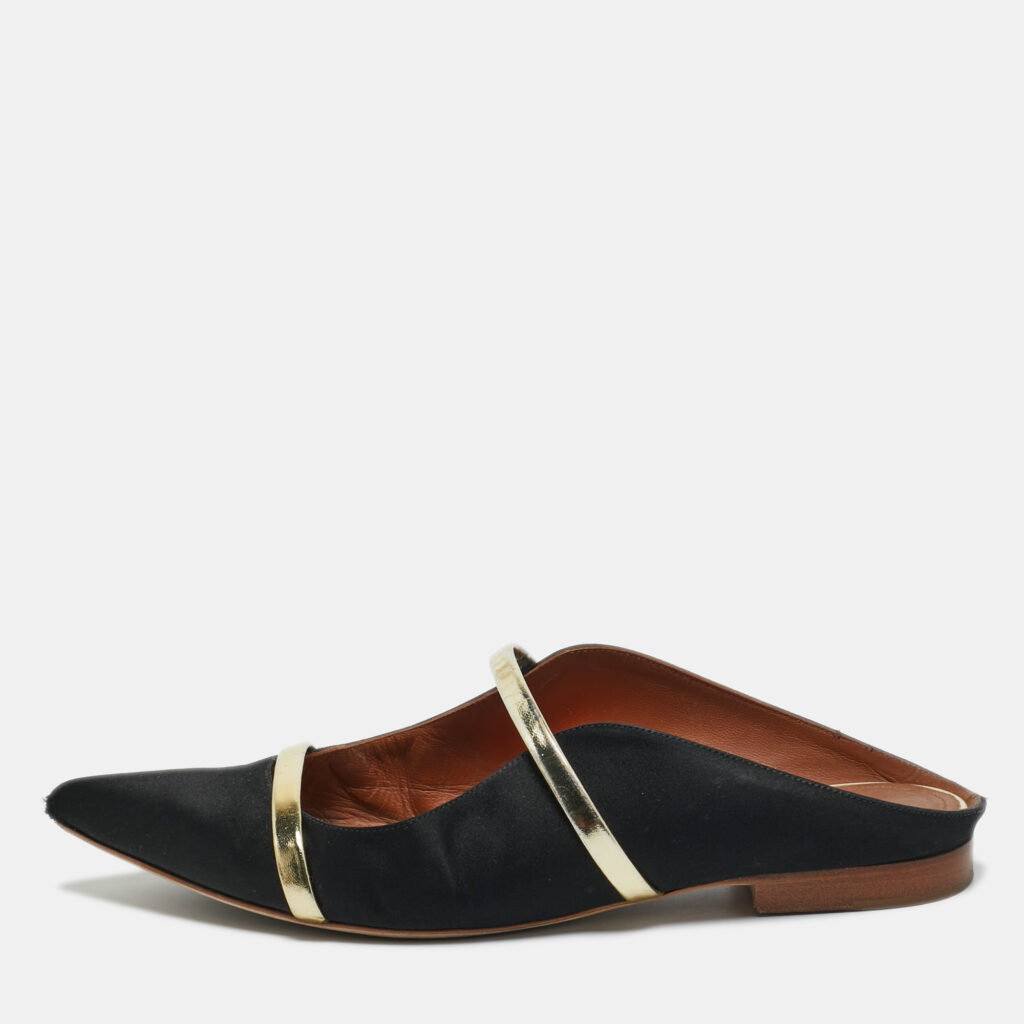 Malone Souliers Gold/Black Leather and Satin Maureen Mule Sandals Size 37 Malone Souliers Gold/Black Leather and Satin Maureen Mule Sandals Size 37