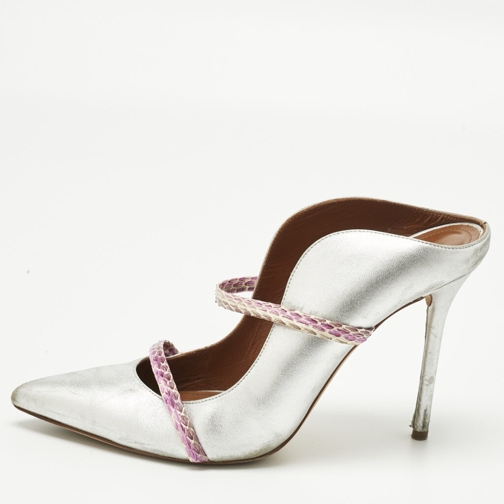 Malone Souliers Silver/Purple Leather and Python Leather Maureen Mules Size 40 Malone Souliers Silver/Purple Leather and Python Leather Maureen Mules Size 40