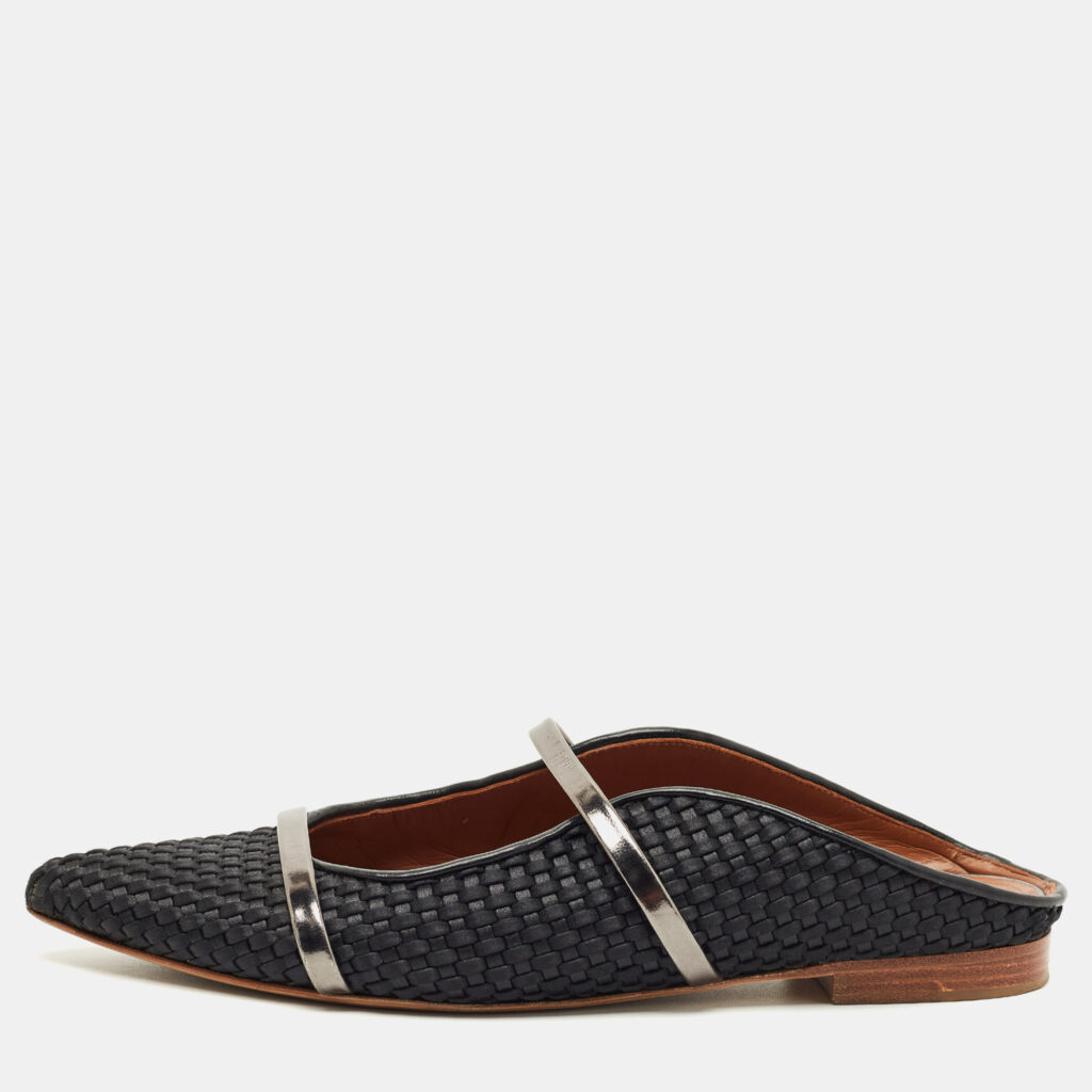 Malone Souliers Black/Silver Leather and Woven Fabric Maureen Mules Size 39 Malone Souliers Black/Silver Leather and Woven Fabric Maureen Mules Size 39