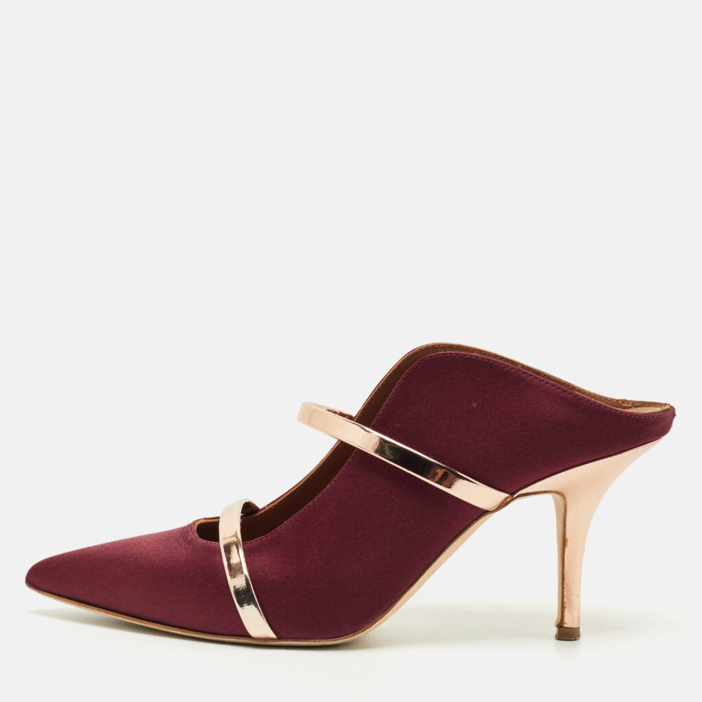 Malone Souliers Burgundy/Rose Gold Satin and Leather Maureen Pointed Toe Mules Size 38.5 Malone Souliers Burgundy/Rose Gold Satin and Leather Maureen Pointed Toe Mules Size 38.5