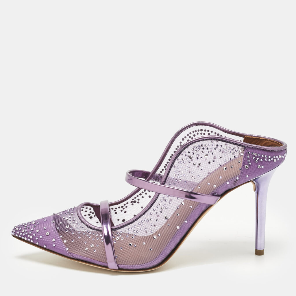 Malone Souliers Purple Leather and Mesh Crystals Embellished Maureen Mules Size 39
