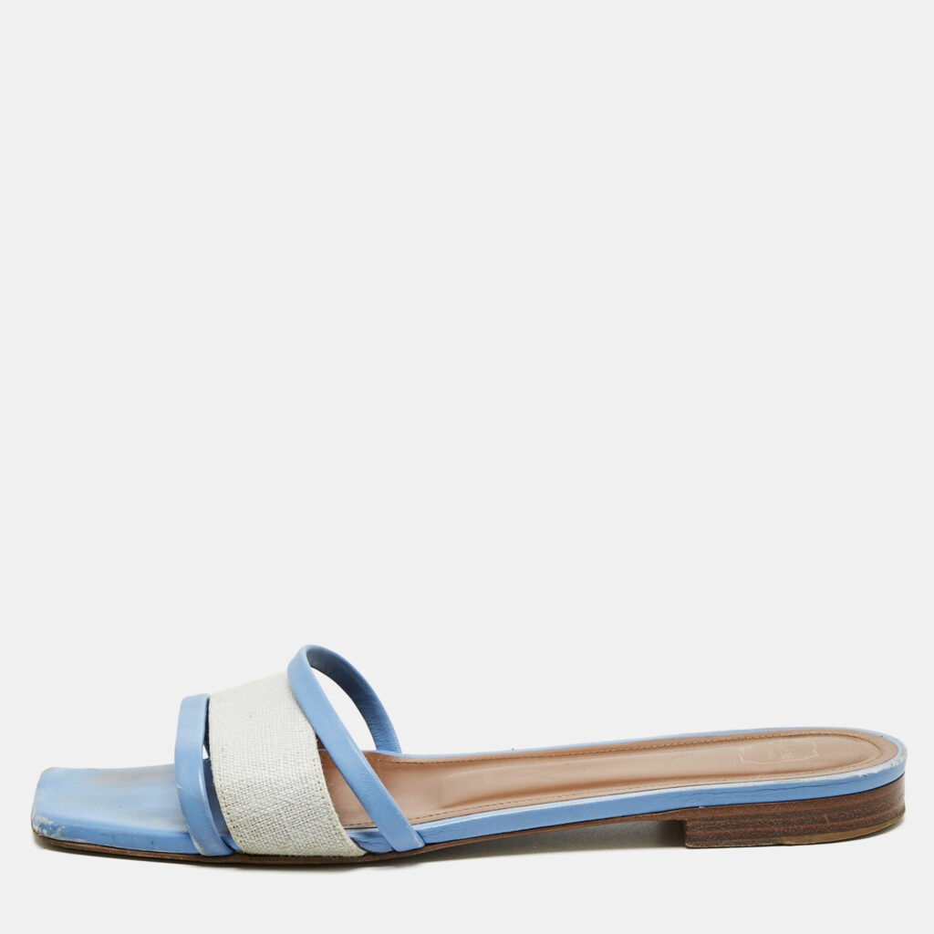 Malone Souliers Grey/Blue Leather And Fabric Flat Slides Size 38