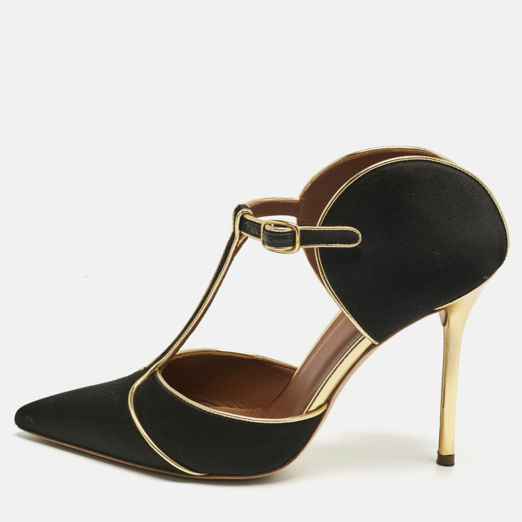 Malone Souliers Black/Gold Leather and Satin Imogen Slide Sandals Size 38