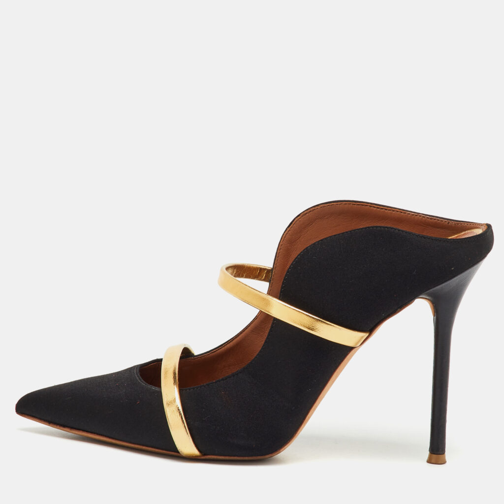 Malone Souliers Black/Gold Satin and Leather Maureen Mules Size 38