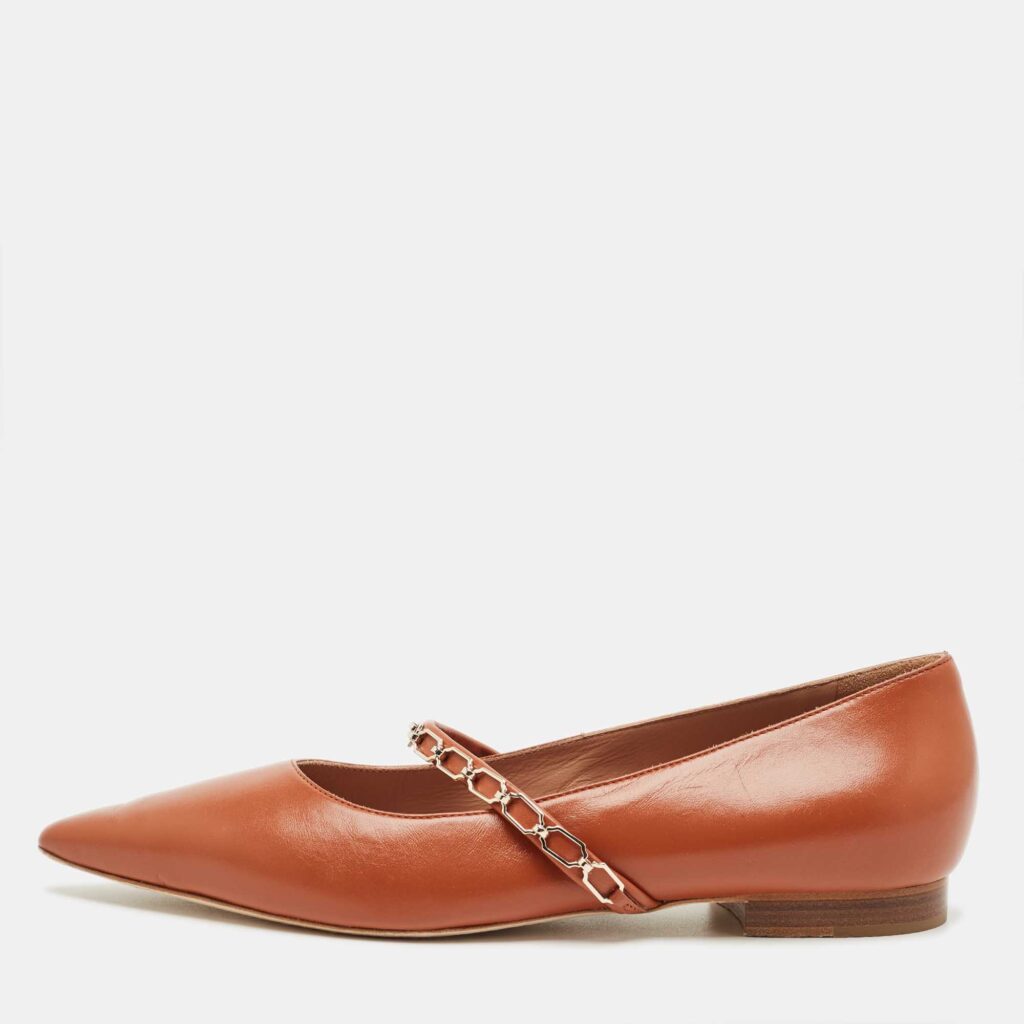 luxury-women-malone-souliers-used-shoes-p1215969-001.jpg Malone Souliers Brown Leather Virna Chain Detail Mary Jane Ballet Flats Size 39
