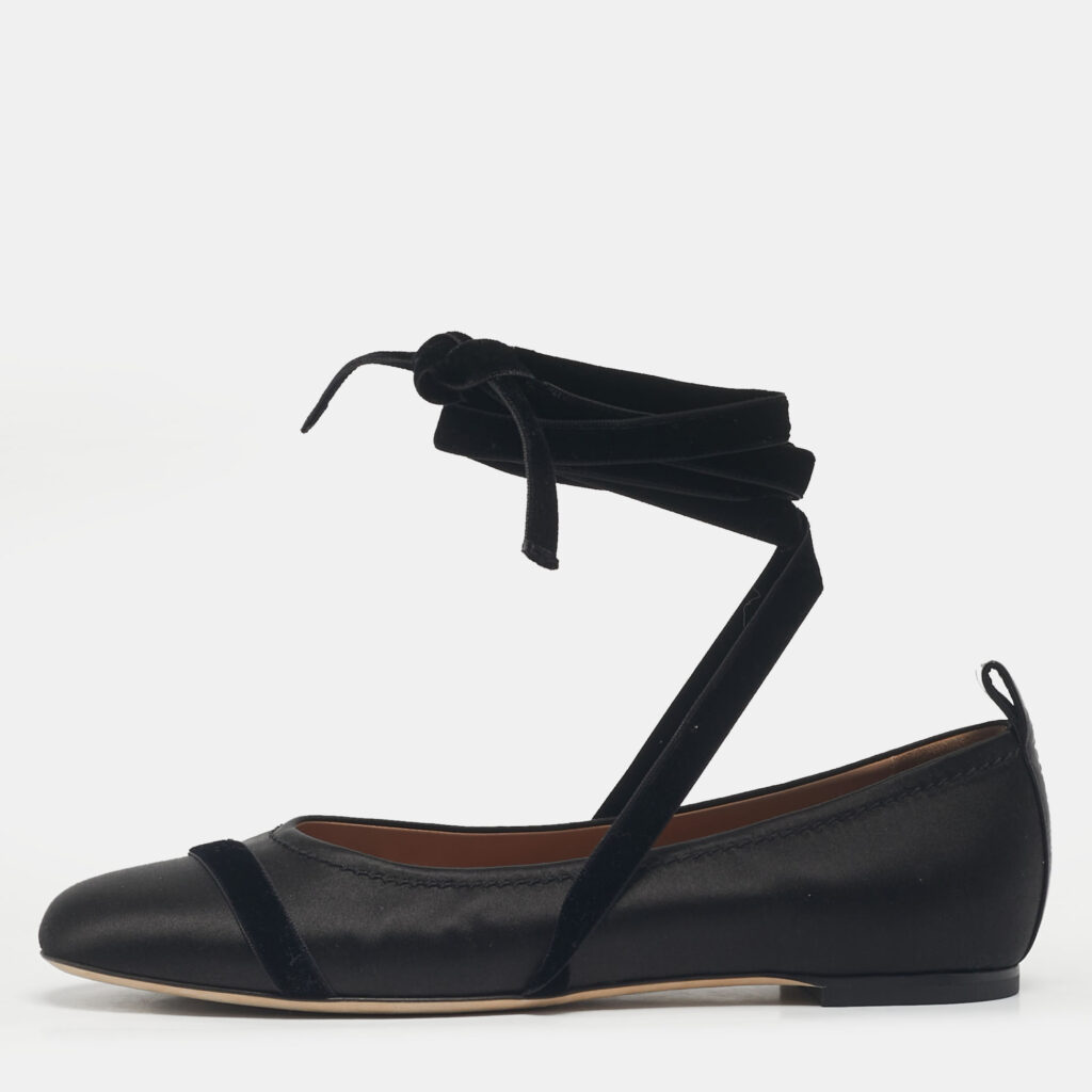 Malone Souliers Black Satin Spncer Ankle Wrap Ballet Flats Size 40 Malone Souliers Black Satin Spncer Ankle Wrap Ballet Flats Size 40