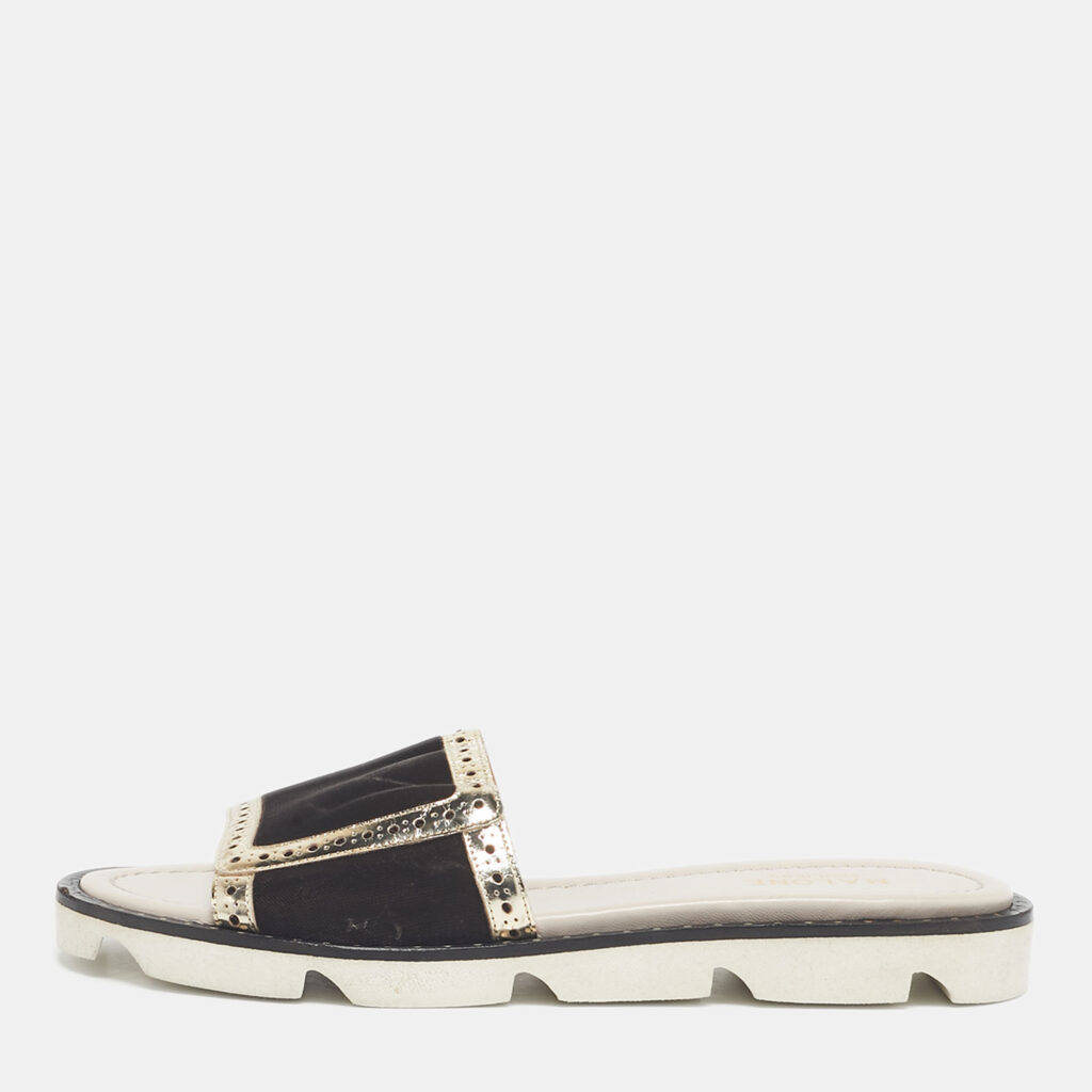 luxury-women-malone-souliers-used-shoes-p1218789-001.jpg Malone Souliers Brown/Metallic Velvet and Foil Leather Flat Slides Size 36.5