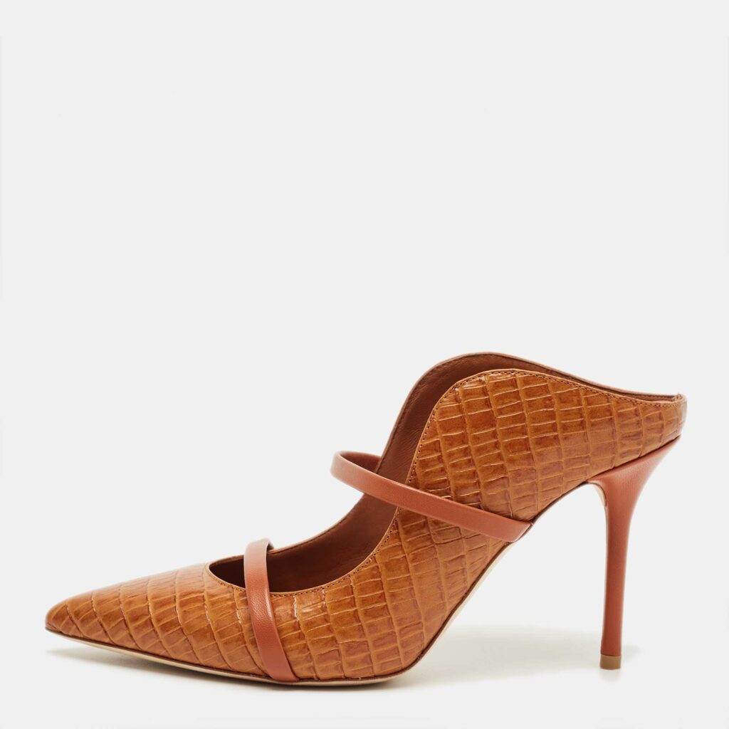 luxury-women-malone-souliers-used-shoes-p1222200-001.jpg Malone Souliers Brown Croc Embossed Leather Maureen Mules Size 38