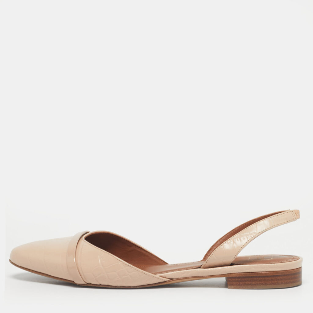 Malone Souliers x Roy Luwolt Beige Cro Embossed Leather Marion Luwolt Flat Slingback Sandals Size 39.5