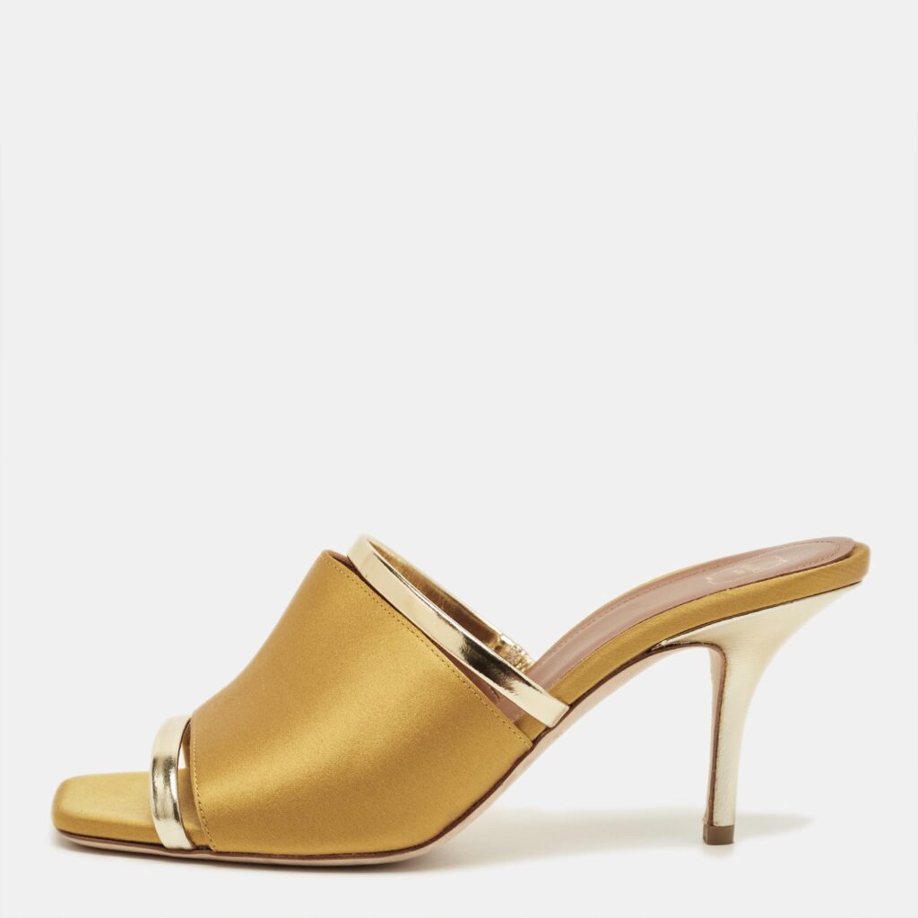 Malone Souliers Mastard/Gold Leather and Satin Laney Slide Sandals Size 38