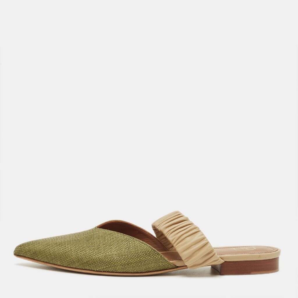 Malone Souliers Green/Beige Leather and Raffia Maisie Mules Size 39.5