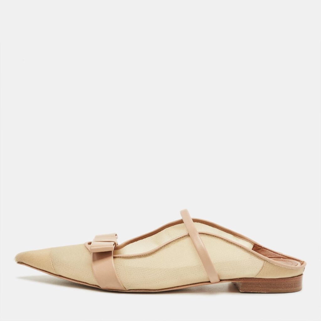 Malone Souliers Beige/Cream Mesh and Leather Maureen Pointed Toe Flat Mules Size 38