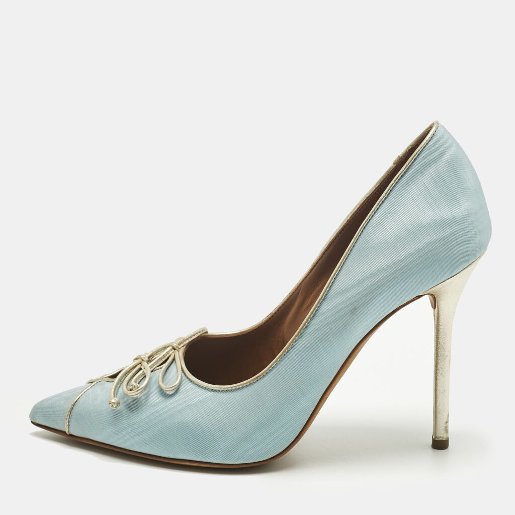 Malone Souliers Blue Canvas Double Bow Pointed Toe Pumps Size 38