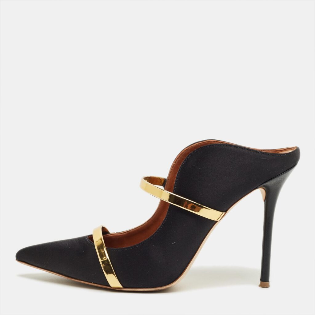 Malone Souliers Black/Gold Leather and Satin Maureen Mules Size 40 Malone Souliers Black/Gold Leather and Satin Maureen Mules Size 40