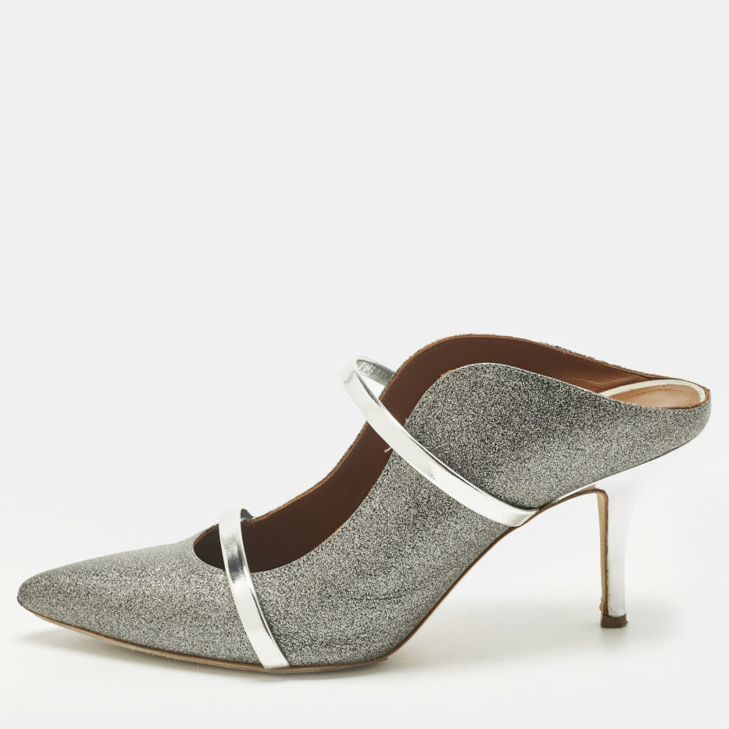 Malone Souliers Metallic Silver Glitter and Leather Maureen Sandals Size 40