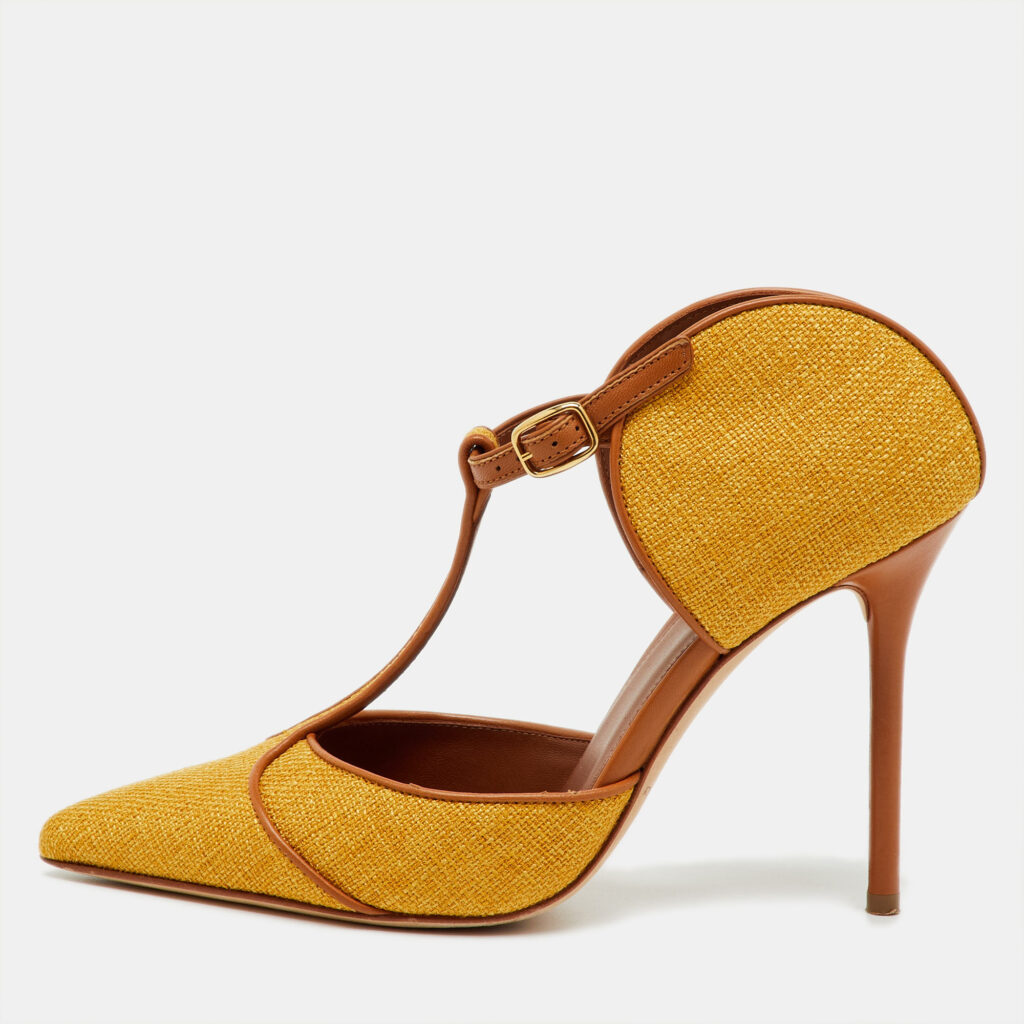 Malone Souliers Yellow/Brown Canvas and Leather Imogen Mules Size 38