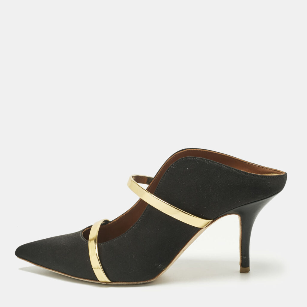 Malone Souliers Black/Gold Leather and Satin Maureen Mules Size 37.5 Malone Souliers Black/Gold Leather and Satin Maureen Mules Size 37.5