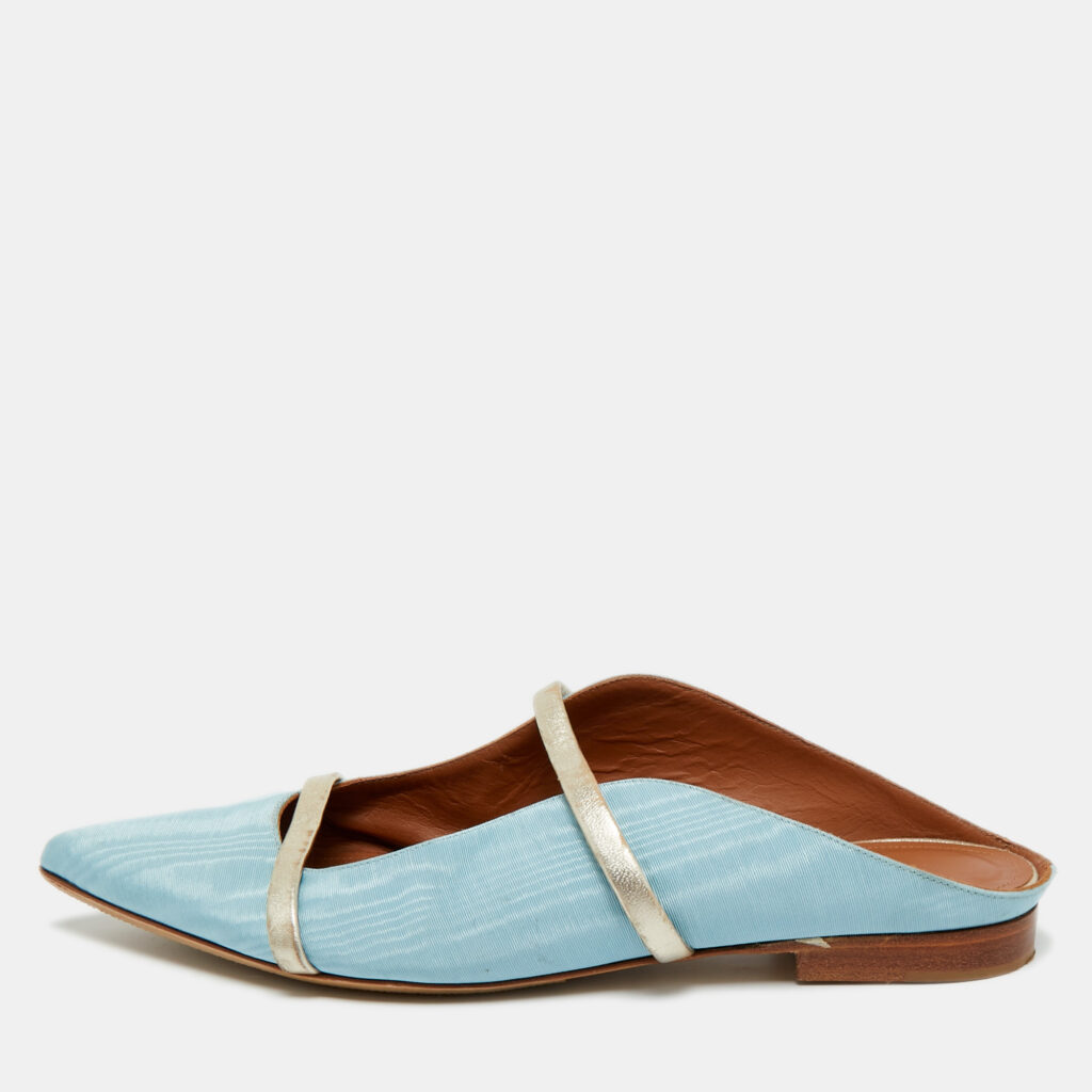 Malone Souliers Blue/Gold Canvas and Leather Maureen Flat Mules Size 39 Malone Souliers Blue/Gold Canvas and Leather Maureen Flat Mules Size 39