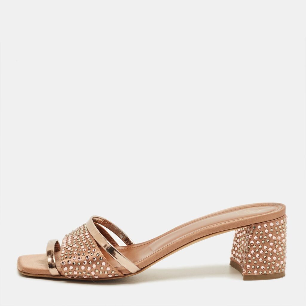 Malone Souliers Size 39.5 Gold Leather and Suede Crystal Embellished Slide Sandals Malone Souliers Size 39.5 Gold Leather and Suede Crystal Embellished Slide Sandals
