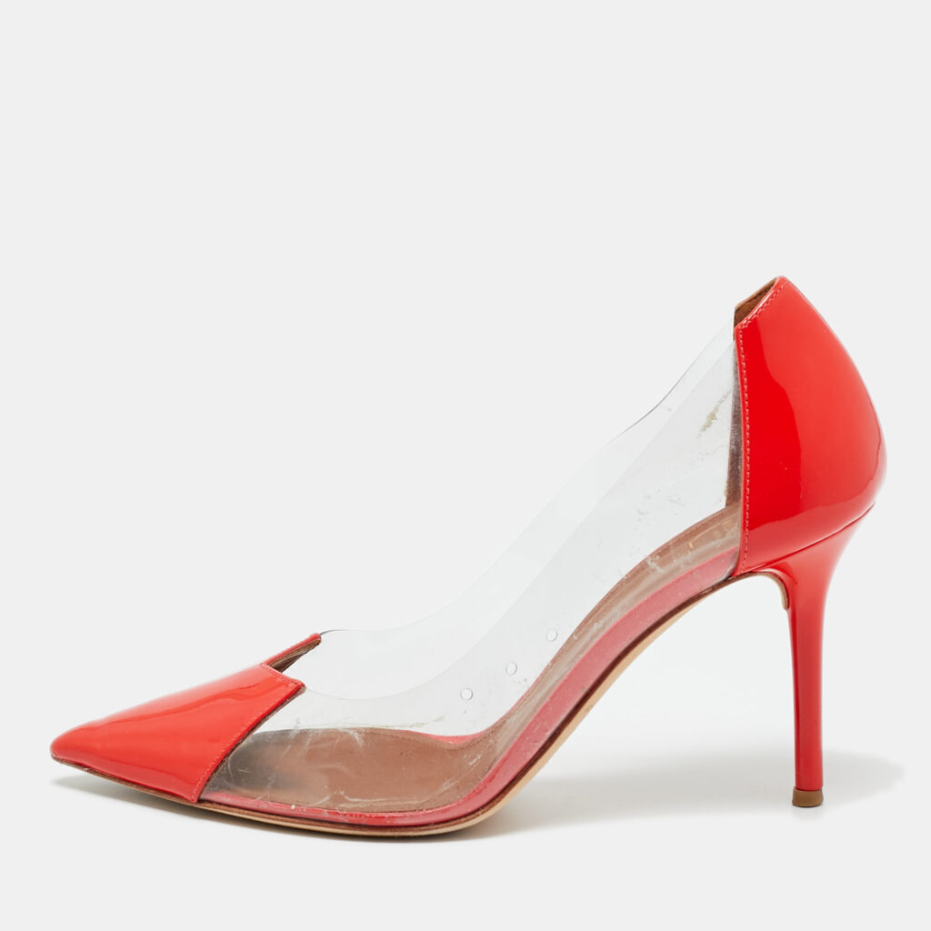 Malone Souliers Size 37 Red/Transparent Patent Leather and PVC Pointed Toe Pumps Malone Souliers Size 37 Red/Transparent Patent Leather and PVC Pointed Toe Pumps