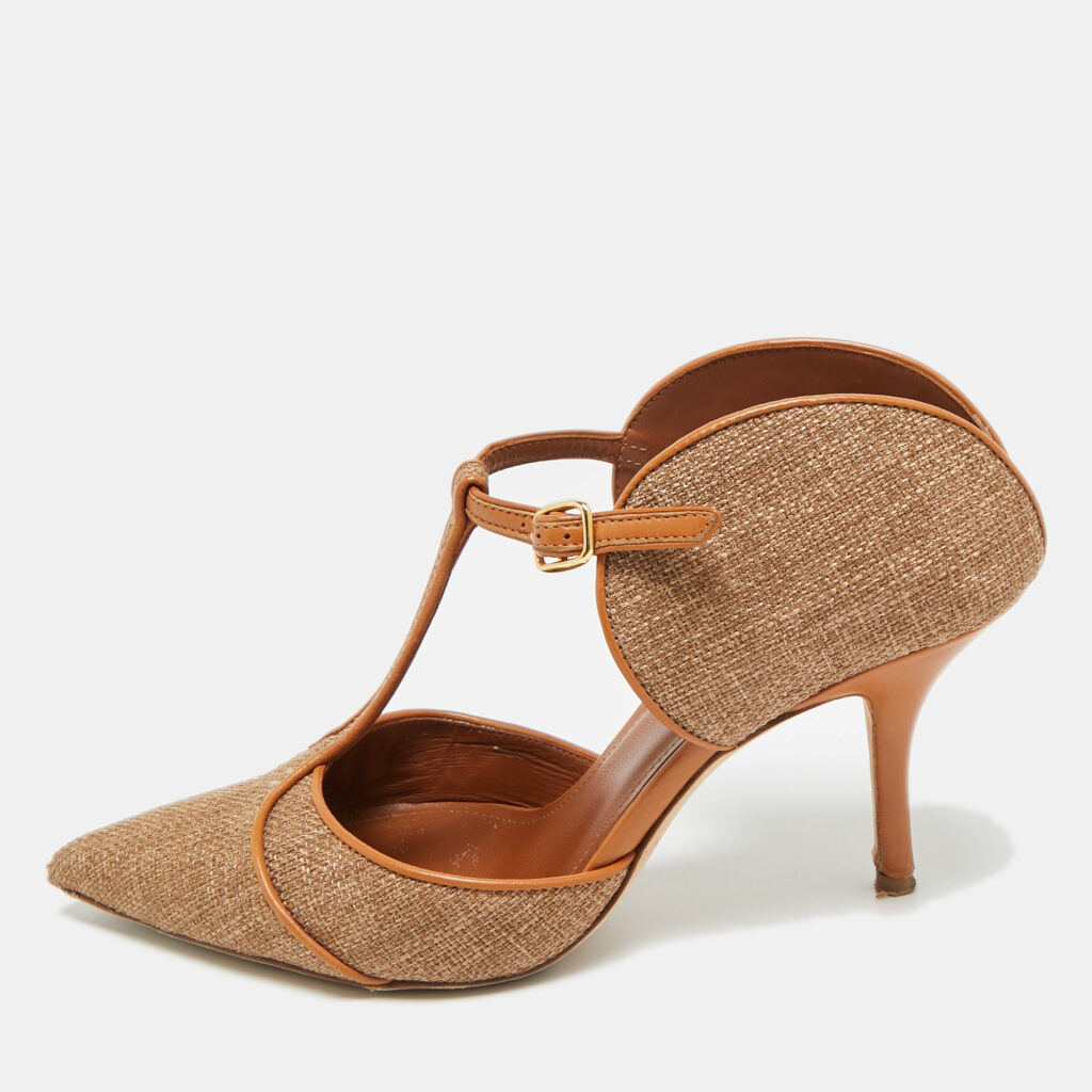 Malone Souliers Imogen Size 38 Brown Leather and Raffia Pointed Toe Pumps