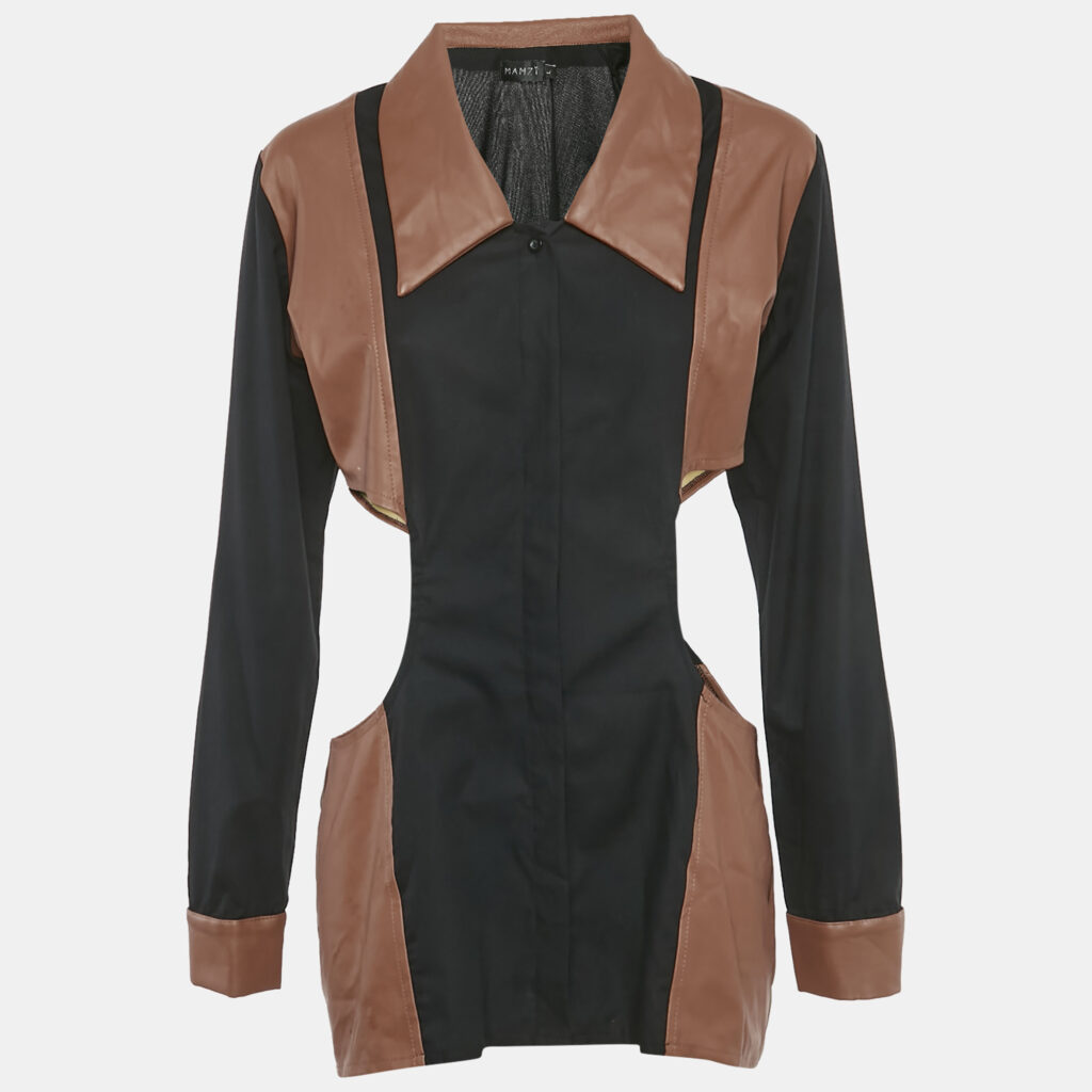 Mamzi Black /Brown Cotton & Leather Cut Out Shirt L Mamzi Black /Brown Cotton & Leather Cut Out Shirt L