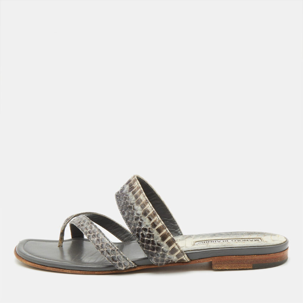 Manolo Blahnik Grey/Black Snakeskin Leather Susa Flat Sandals Size 38