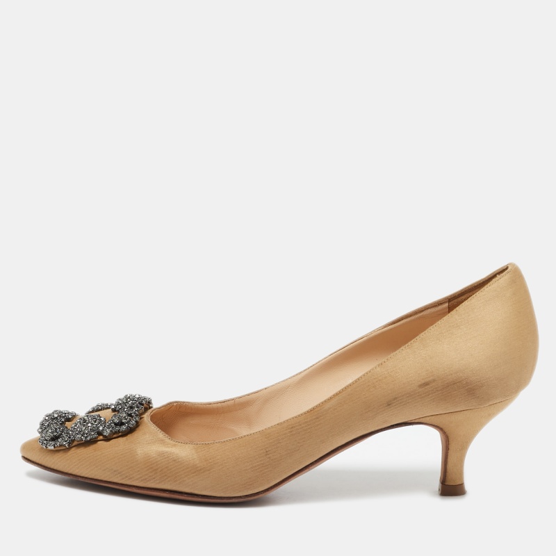 Manolo Blahnik Brown Satin Hangisi Embellished Pumps Size 36.5 Manolo Blahnik Brown Satin Hangisi Embellished Pumps Size 36.5