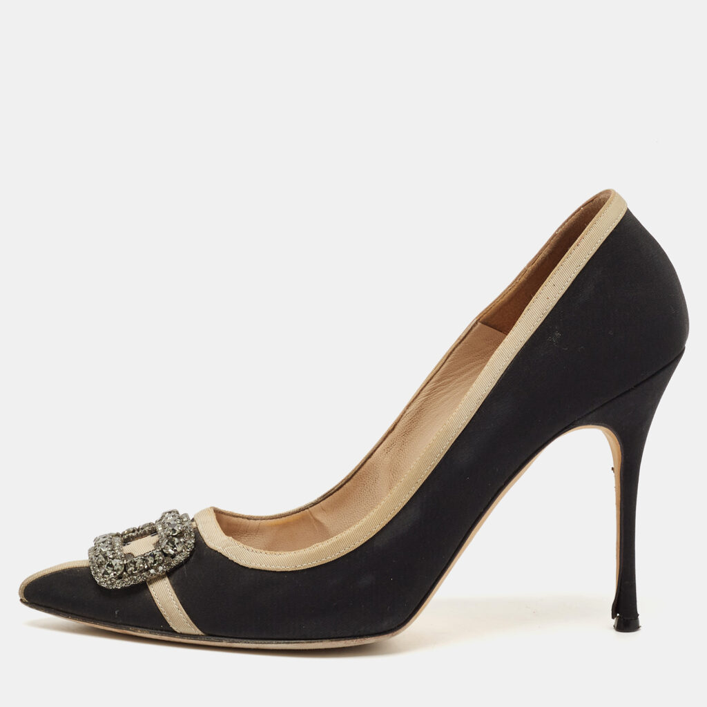 Manolo Blahnik Black/Grey Canvas and Fabric Hangisi Pumps Size 40.5 Manolo Blahnik Black/Grey Canvas and Fabric Hangisi Pumps Size 40.5