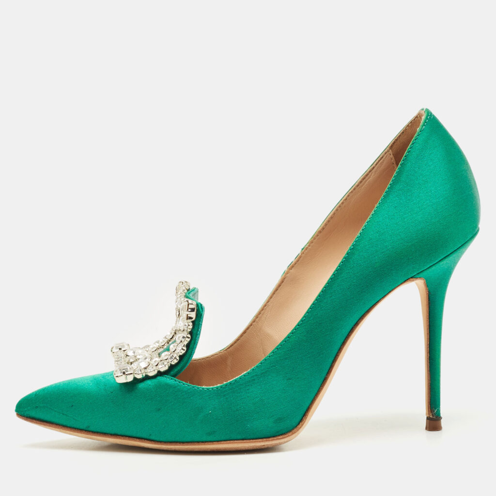 Manolo Blahnik Green Satin Borlak Crystal Embellished Pumps Size 34.5