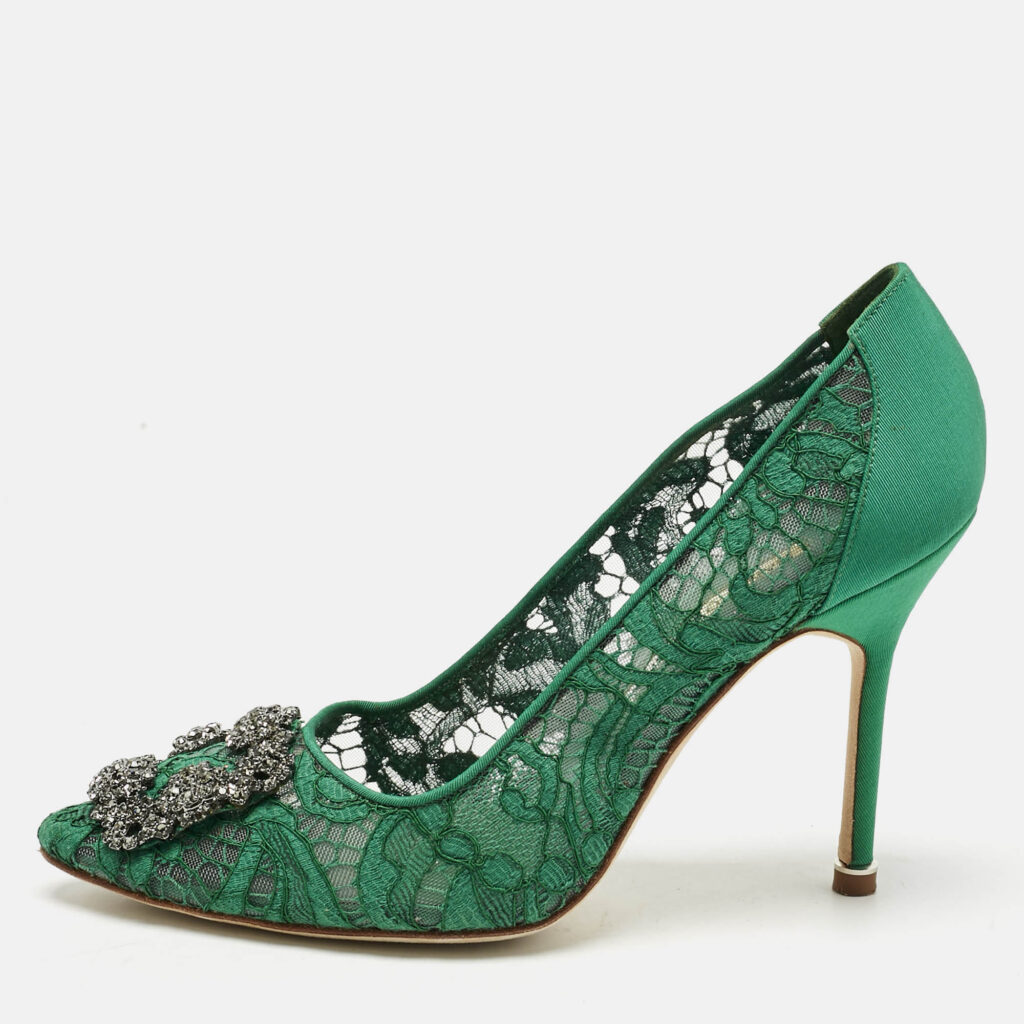 luxury-women-manolo-blahnik-used-shoes-p1186022-011-1.jpg Manolo Blahnik Green Lace and Mesh Hangisi Pumps Size 37.5