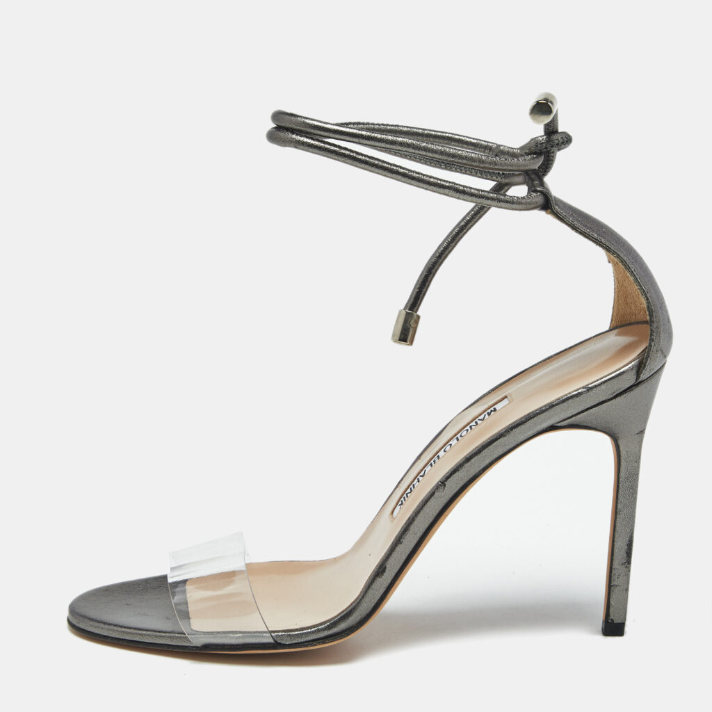 Manolo Blahnik Metallic Leather and PVC Estro Ankle Strap Sandals Size 39 Manolo Blahnik Metallic Leather and PVC Estro Ankle Strap Sandals Size 39
