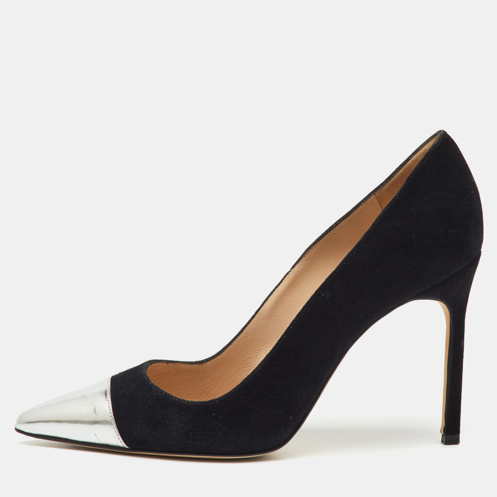 Manolo Blahnik Black/Silver Suede And Leather Bipunta Cap-Toe Pumps Size 37 Manolo Blahnik Black/Silver Suede And Leather Bipunta Cap-Toe Pumps Size 37
