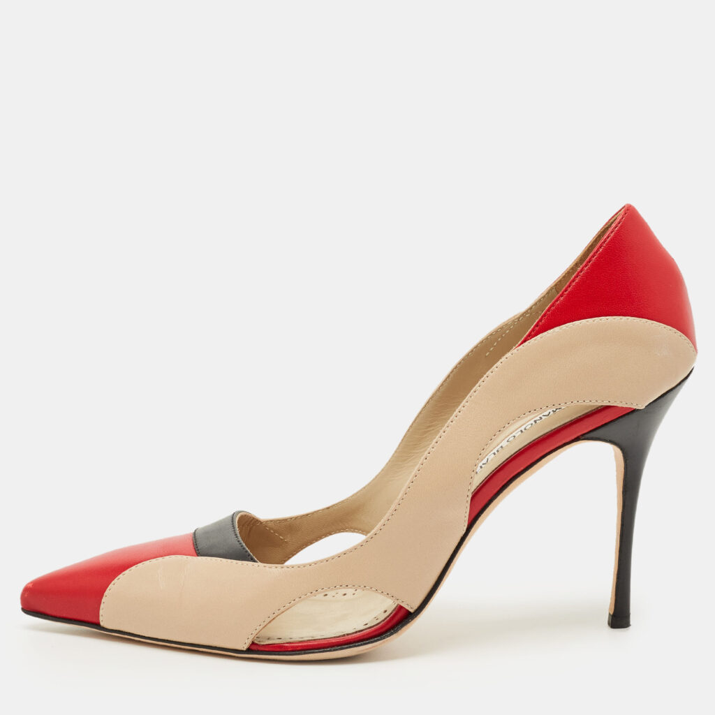 Manolo Blahnik Tricolor Cut Out Leather Vestala Pointed Toe Pumps Size 42