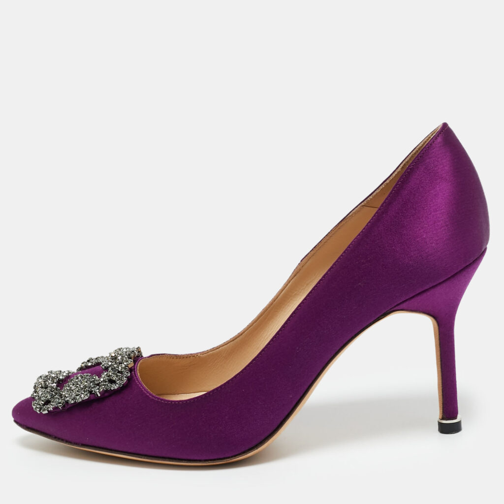 Manolo Blahnik Purple Satin Hangisi Crystal Embellished Pumps Size 37