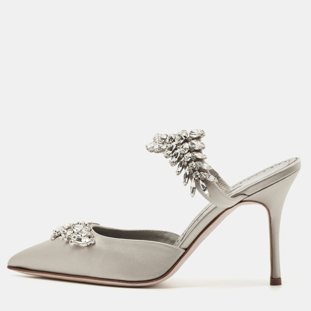 Manolo Blahnik Grey Satin Crystal Embellished Lurum Mules Size 36