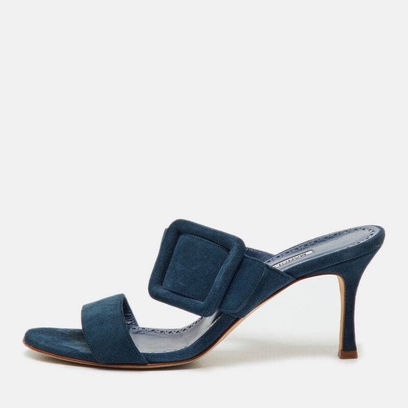 Manolo Blahnik Teal Blue Suede Gable Slide Sandals Size 38 Manolo Blahnik Teal Blue Suede Gable Slide Sandals Size 38