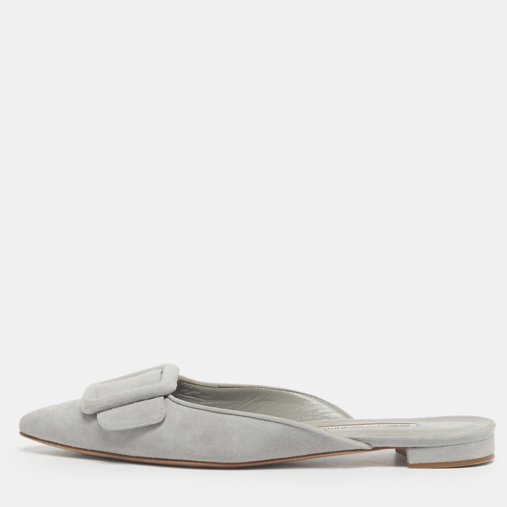 Manolo Blahnik Grey Suede Maysale Mules Size 38.5