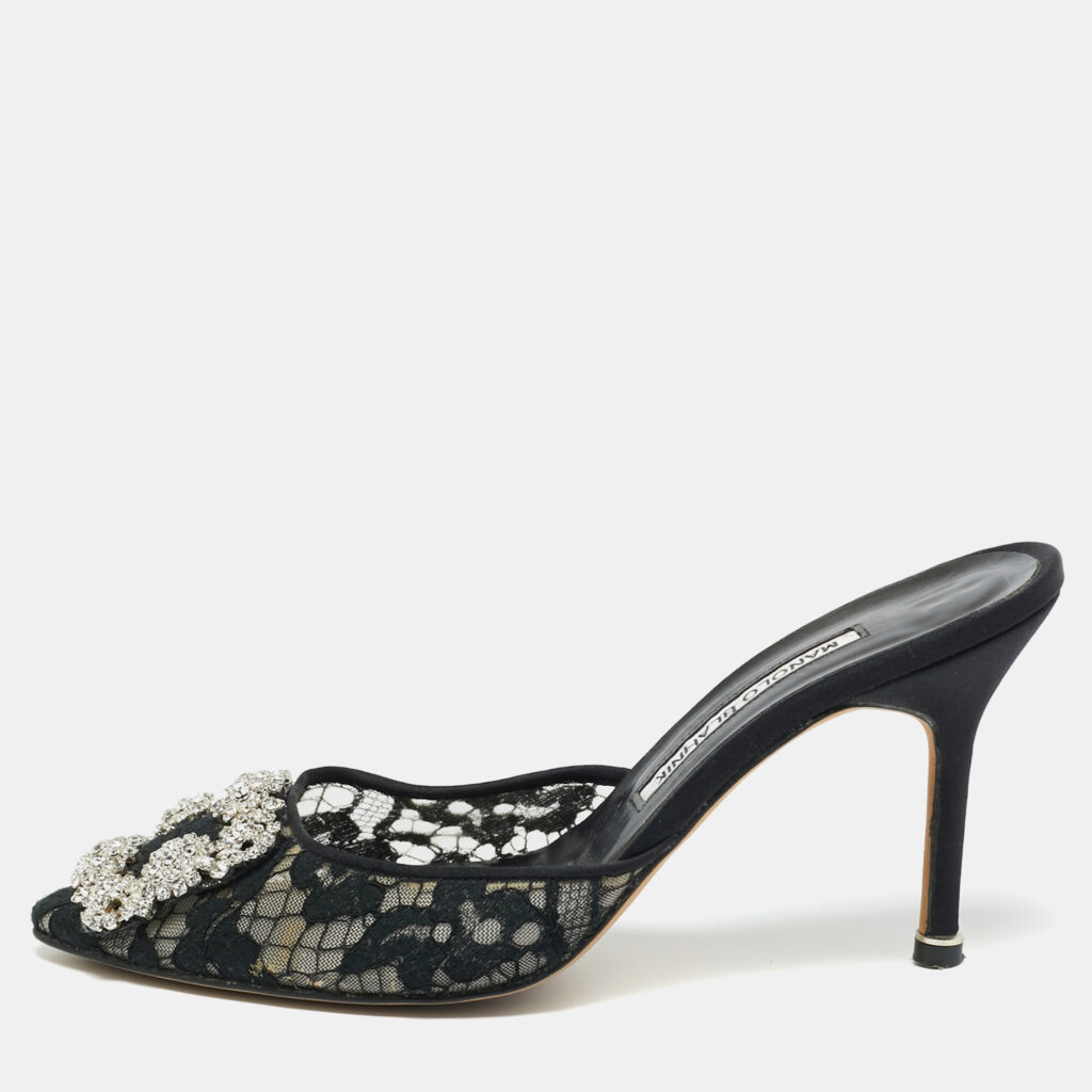 Manolo Blahnik Black Lace and Mesh Hangisi Mules Size 36.5 Manolo Blahnik Black Lace and Mesh Hangisi Mules Size 36.5