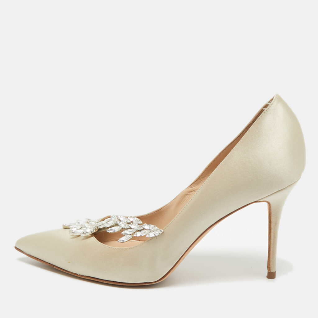 Manolo Blahnik Grey Satin Jewel Nadira Pointed Toe Pumps Size 38.5