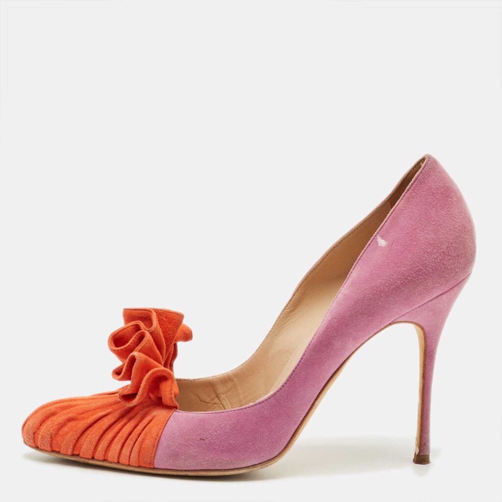 Manolo Blahnik Purple/Orange Suede Ruffle Pumps Size 39.5 Manolo Blahnik Purple/Orange Suede Ruffle Pumps Size 39.5