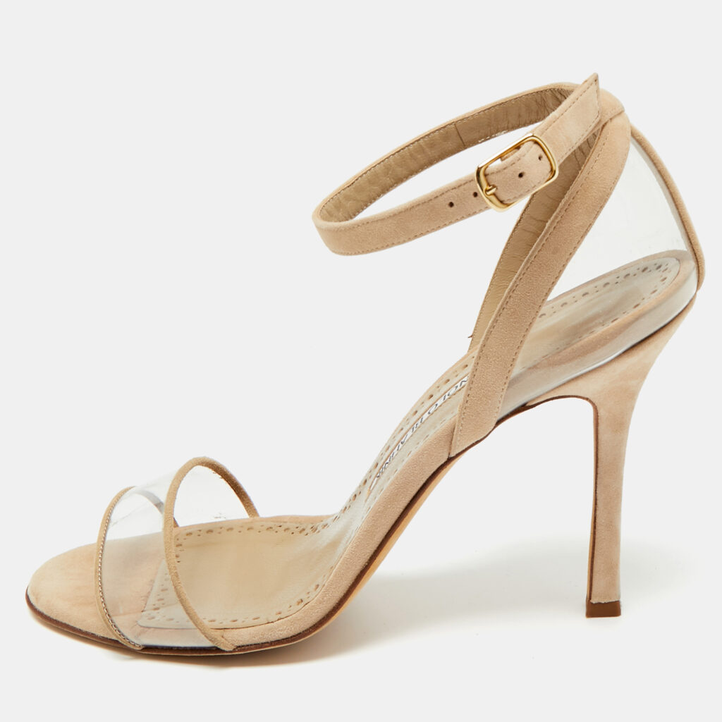 luxury-women-manolo-blahnik-used-shoes-p1219289-001-1.jpg Manolo Blahnik Beige PVC and Suede Ankle Strap Sandals Size 38
