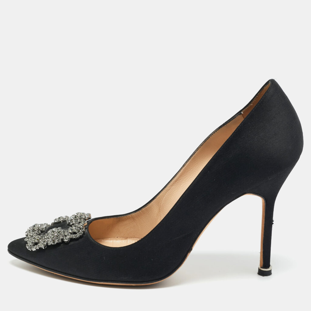 Manolo Blahnik Black Satin Hangisi Crystal Embellished Pumps Size 38.5
