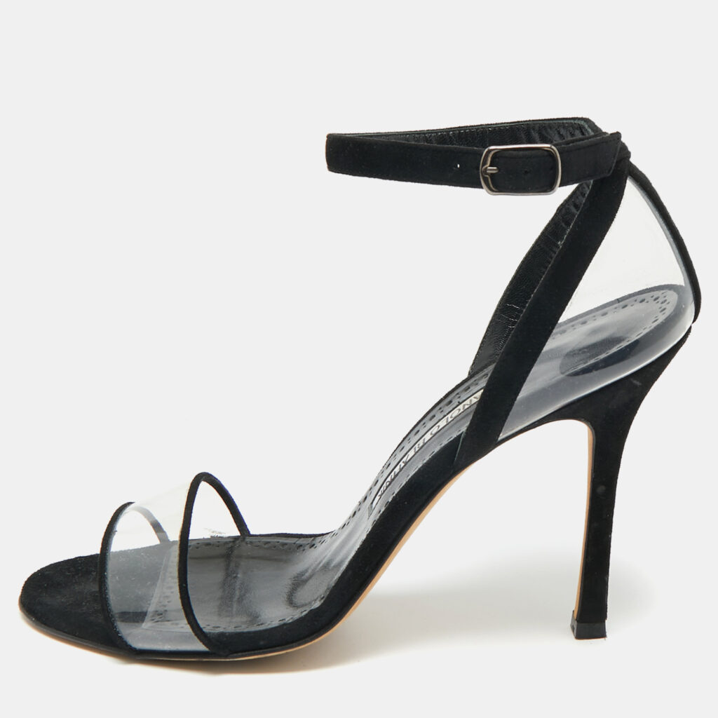 Manolo Blahnik Transparent PVC and Suede Ankle Strap Sandals Size 38