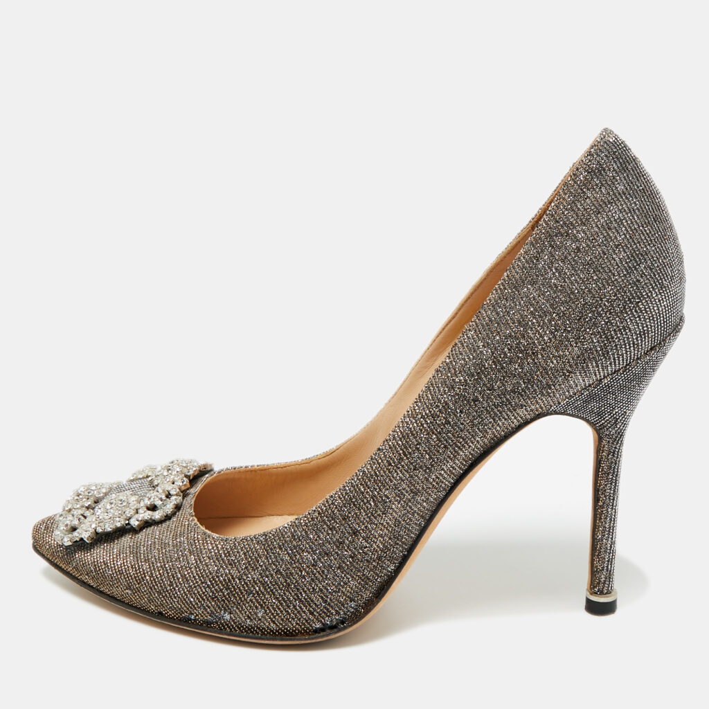 Manolo Blahnik Gold Metallic Lurex Fabric Hangisi Pumps Size 38.5