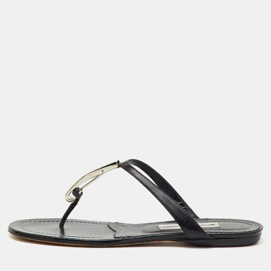 luxury-women-manolo-blahnik-used-shoes-p1220183-001.jpg Manolo Blahnik Black Leather Flat Thong Sandals Size 40