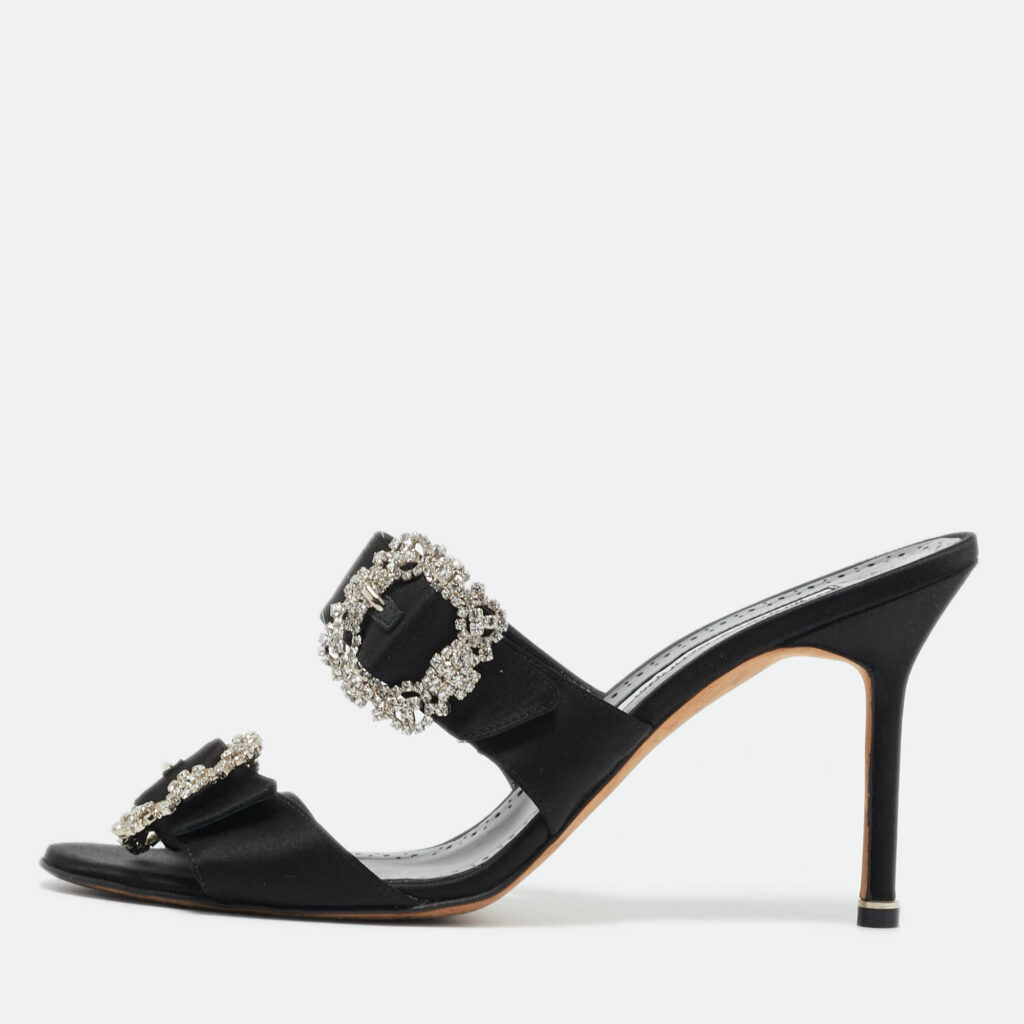 Manolo Blahnik Black Satin Crystal Embellished Slide Sandals Size 40 Manolo Blahnik Black Satin Crystal Embellished Slide Sandals Size 40