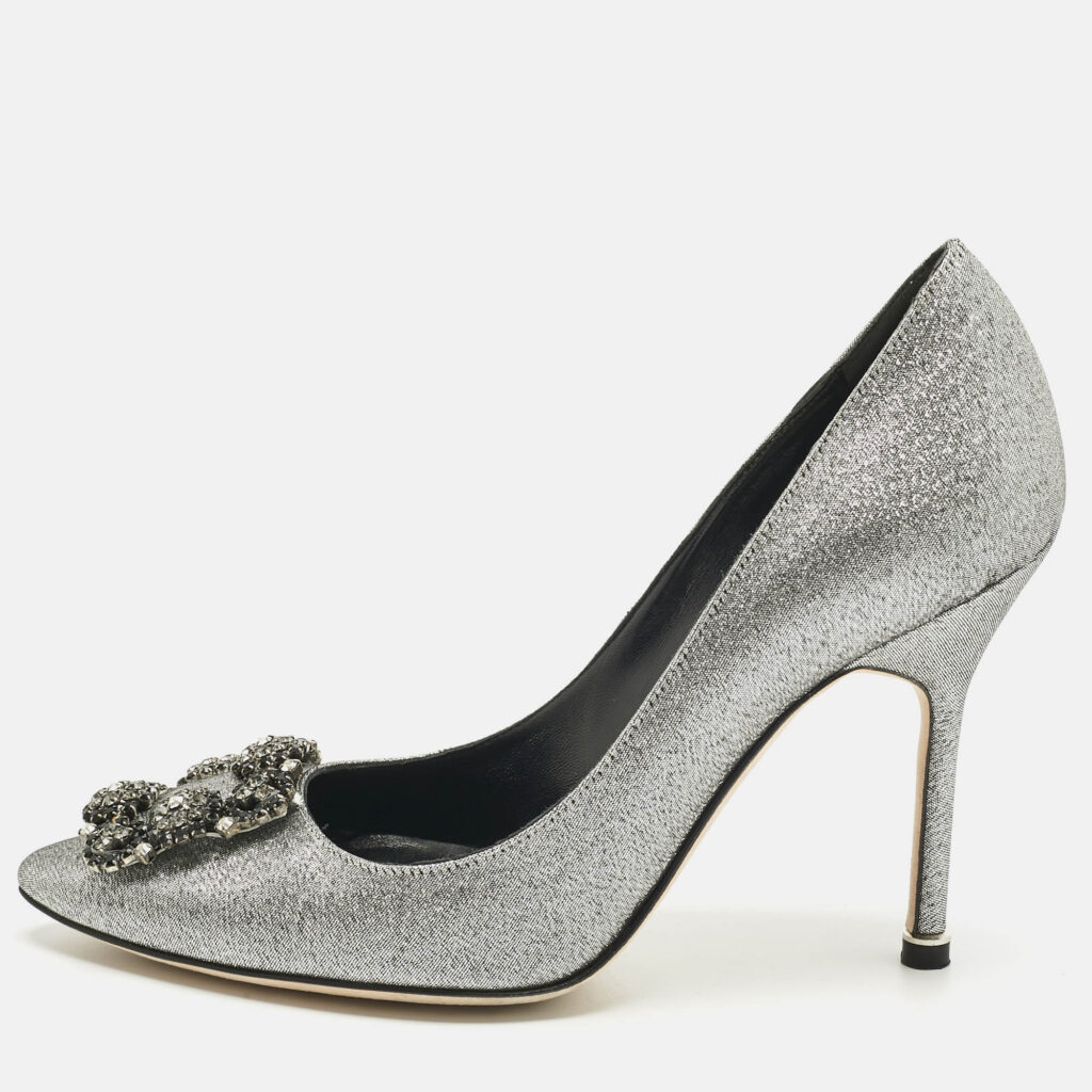Manolo Blahnik Silver Lurex Fabric Hangisi Pumps Size 37.5